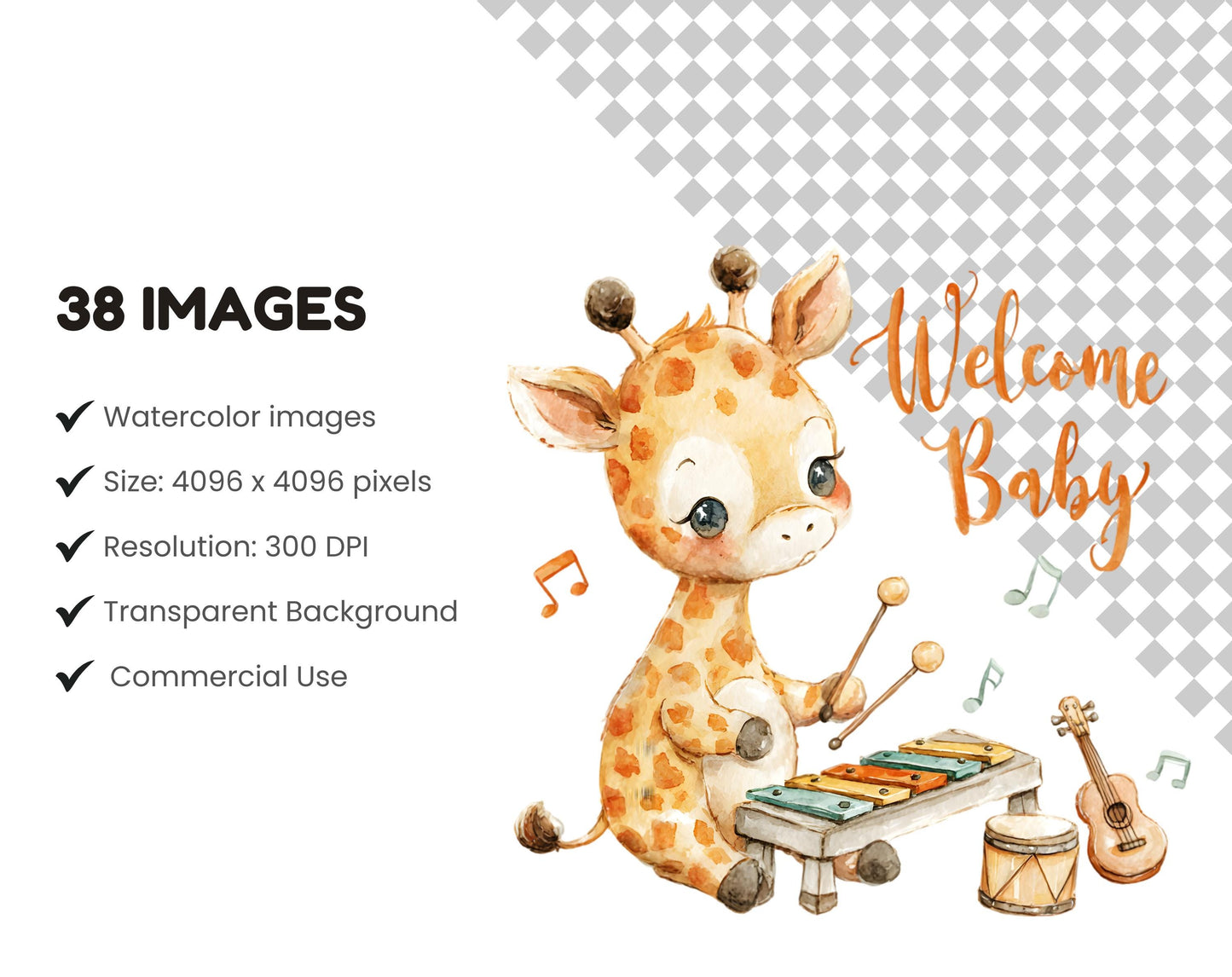 Watercolor Welcome Baby Clipart Bundle png, Cute Giraffe Clipart, Baby Giraffe Clipart png, Baby Shower, Nursery Decor Welcome Baby Clipart