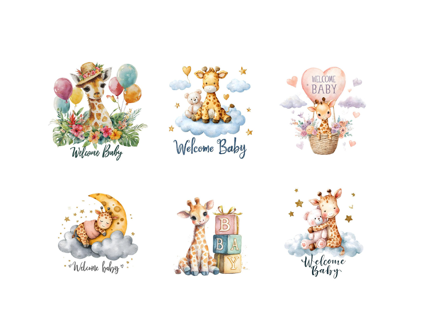 Watercolor Welcome Baby Clipart Bundle png, Cute Giraffe Clipart, Baby Giraffe Clipart png, Baby Shower, Nursery Decor Welcome Baby Clipart