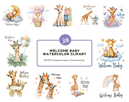 Watercolor Welcome Baby Clipart Bundle png, Cute Giraffe Clipart, Baby Giraffe Clipart png, Baby Shower, Nursery Decor Welcome Baby Clipart