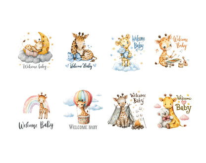 Watercolor Welcome Baby Clipart Bundle png, Cute Giraffe Clipart, Baby Giraffe Clipart png, Baby Shower, Nursery Decor Welcome Baby Clipart