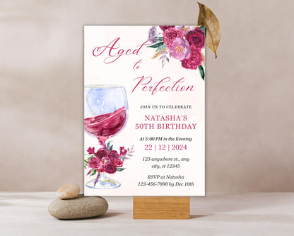 50th Birthday Invitation: Wine Theme Burgundy Floral (Digital Download 5x7in Canva Template)