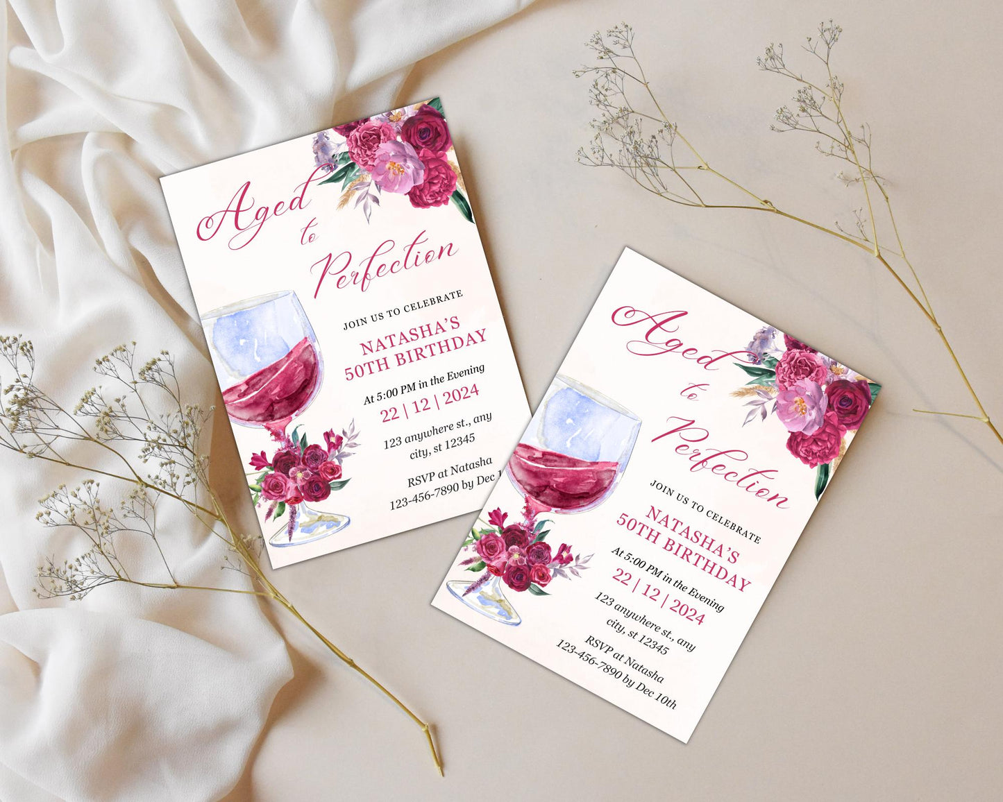 50th Birthday Invitation: Wine Theme Burgundy Floral (Digital Download 5x7in Canva Template)