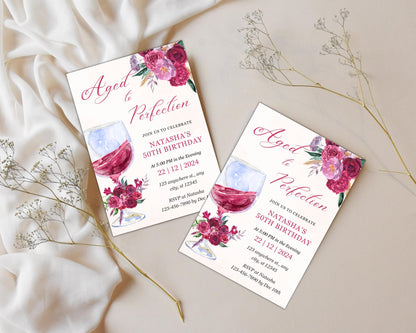 50th Birthday Invitation: Wine Theme Burgundy Floral (Digital Download 5x7in Canva Template)
