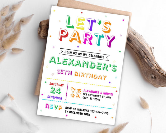 Vorlage für eine bearbeitbare Regenbogen-Geburtstagseinladung, Kinderparty-Einladung (Digitaler Download)