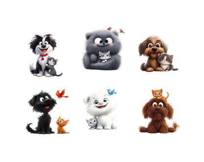 Skurriles Freundschafts-Clipart-Paket, Hunde- und Katzenfreundschafts-Clipart, Lustige Tier-Clipart, Lustige Hunde-Clipart (PNG), Lustige Katzen-Clipart (PNG)