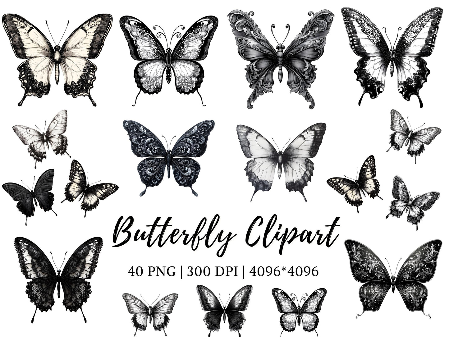 Watercolor Black Butterfly Clipart png Bundle, Butterflies Clipart png, Black And White Butterfly Clipart, Nursery Decor, Baby Shower