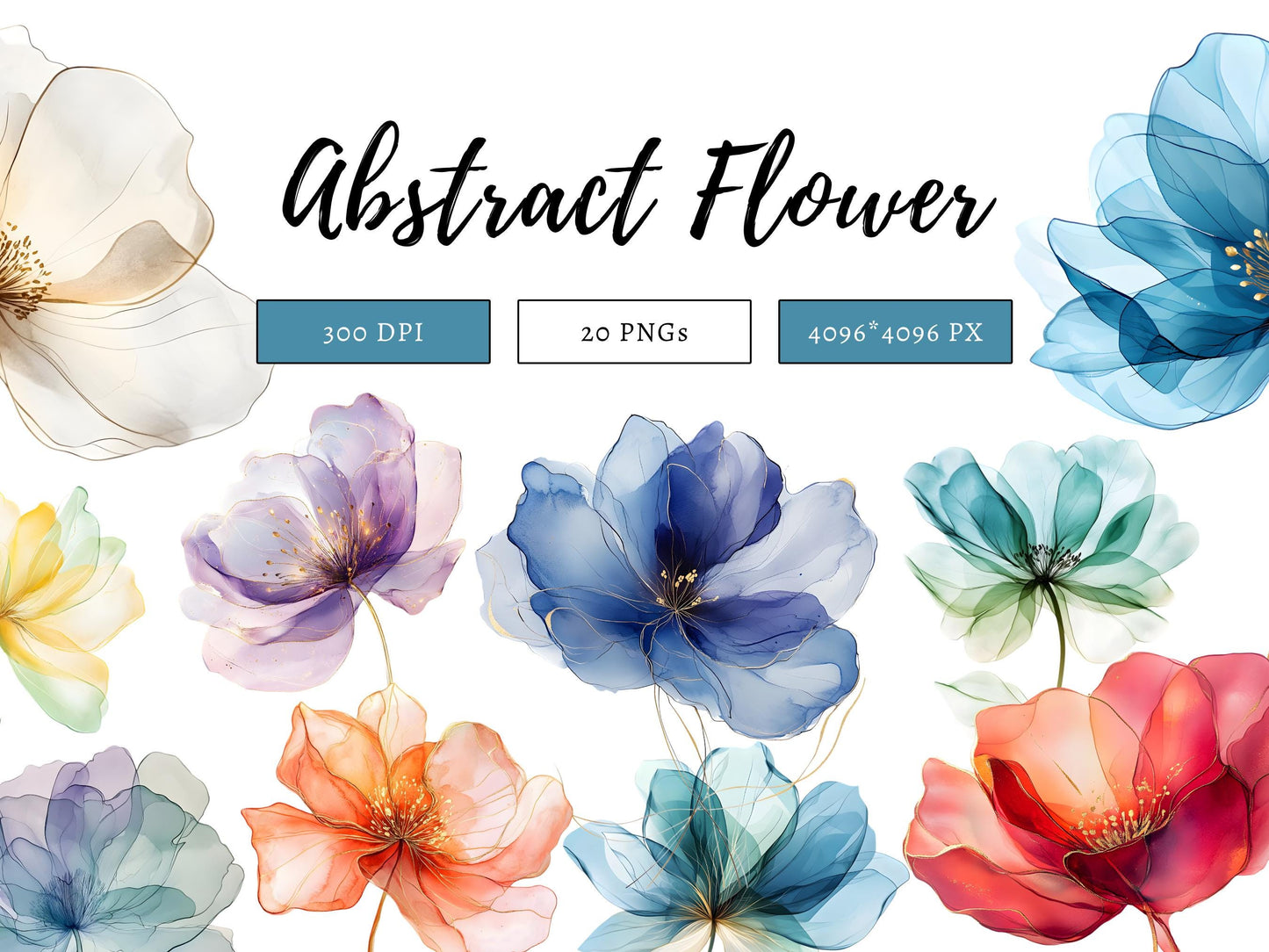 Abstraktes Blumen-Clipart-Bundle, Aquarell-Blumen-Clipart, Blumen-PNG, Trockenblumen-PNG, Transparentes Blumen-Set, Sofort-Download