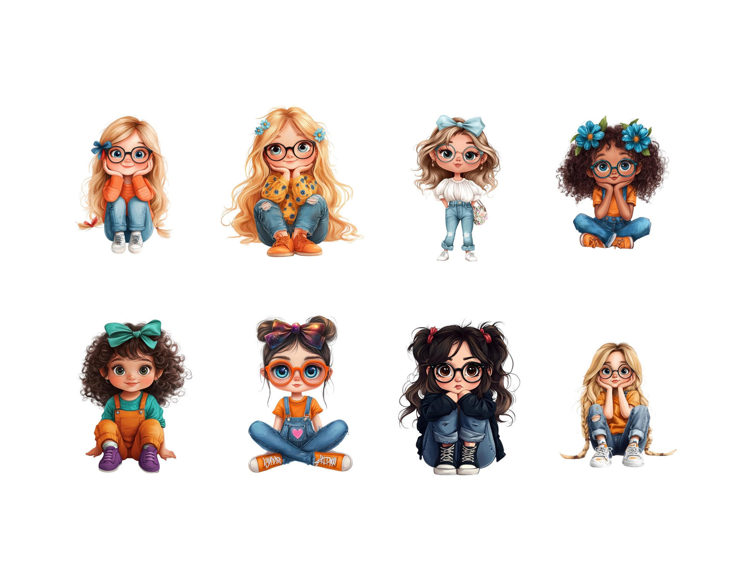 Watercolor Cute Little Girl Clipart png, Cute Girl Clipart Set, Quirky Cute Little Girl Clipart, Quirky Girl Clipart png, Big Eyes Girl png