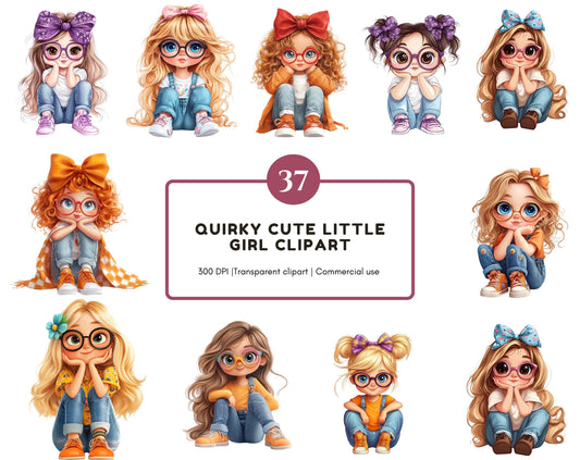 Watercolor Cute Little Girl Clipart png, Cute Girl Clipart Set, Quirky Cute Little Girl Clipart, Quirky Girl Clipart png, Big Eyes Girl png