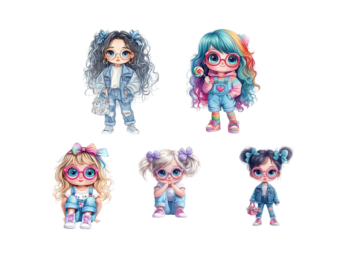 Watercolor Cute Little Girl Clipart png, Cute Girl Clipart Set, Quirky Cute Little Girl Clipart, Quirky Girl Clipart png, Big Eyes Girl png