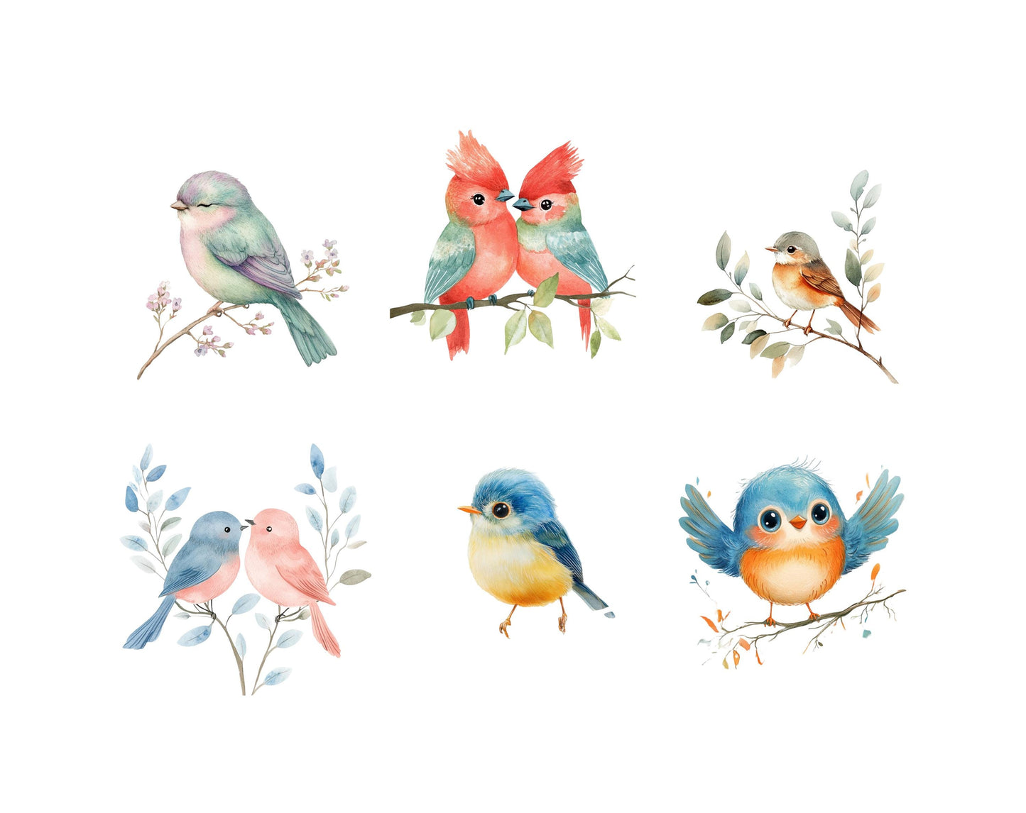 Watercolor Whimsical Birds Clipart png Bundle, Cute Birds Clipart, Little Birds Clipart, Whimsy Birds Clipart png, Funny Cute Birds Clipart