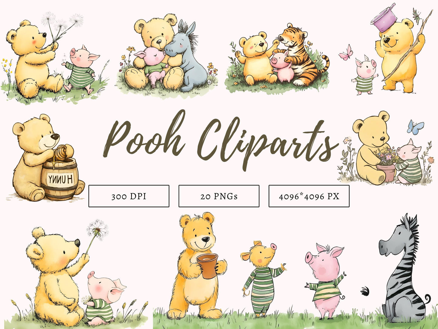 Winnie The Pooh Clipart, Pooh Clipart Bundle, Pooh And Friends Clipart, Classic Winnie The Pooh, Pooh png, Pooh Party Décor Pooh Digital png