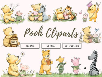Winnie The Pooh Clipart, Pooh Clipart Bundle, Pooh And Friends Clipart, Classic Winnie The Pooh, Pooh png, Pooh Party Décor Pooh Digital png
