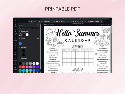Editable Summer Calendar Poster Printable Summer Fun Bucket List Family Planner Checklist Printable Template Instant Digital Download