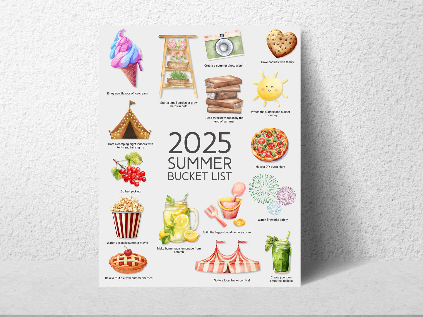 Summer 2025 Kids Activity Calendar: Watercolor Bucket List (PDF Download 8.5x11 inches)