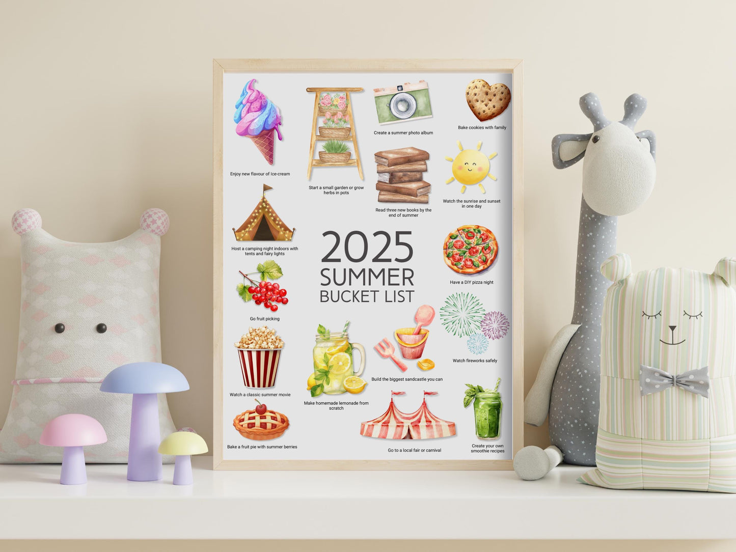 Summer 2025 Kids Activity Calendar: Watercolor Bucket List (PDF Download 8.5x11 inches)
