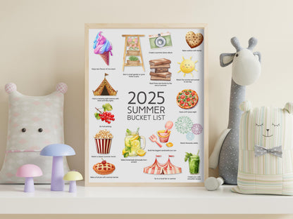 Summer 2025 Kids Activity Calendar: Watercolor Bucket List (PDF Download 8.5x11 inches)