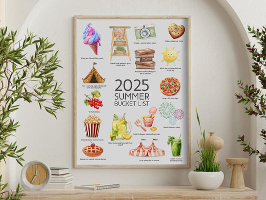 Summer 2025 Kids Activity Calendar: Watercolor Bucket List (PDF Download 8.5x11 inches)