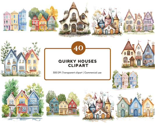 Watercolor Houses Clipart Bundle png, Quirky Houses Clipart png, Whimsical House Clipart, Quirky House Clipart png, House Clipart png