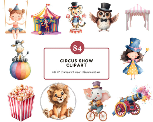 Circus Show Clipart Bundle png, Watercolor Circus Clipart png, Cute Circus Animals Clipart, Circus Party Tent Clipart, Clown Clipart