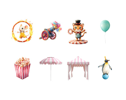 Zirkus-Clipart-Bundle (PNG), Aquarell-Zirkus-Clipart (PNG), Niedliche Zirkustiere-Clipart, Zirkuszelt-Clipart, Clown-Clipart