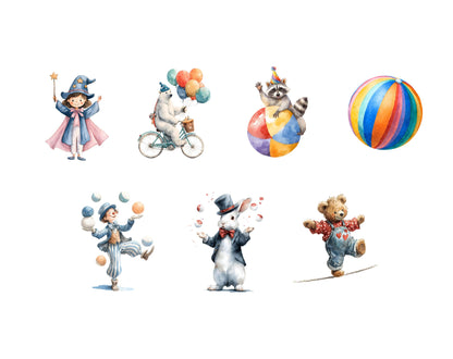 Zirkus-Clipart-Bundle (PNG), Aquarell-Zirkus-Clipart (PNG), Niedliche Zirkustiere-Clipart, Zirkuszelt-Clipart, Clown-Clipart