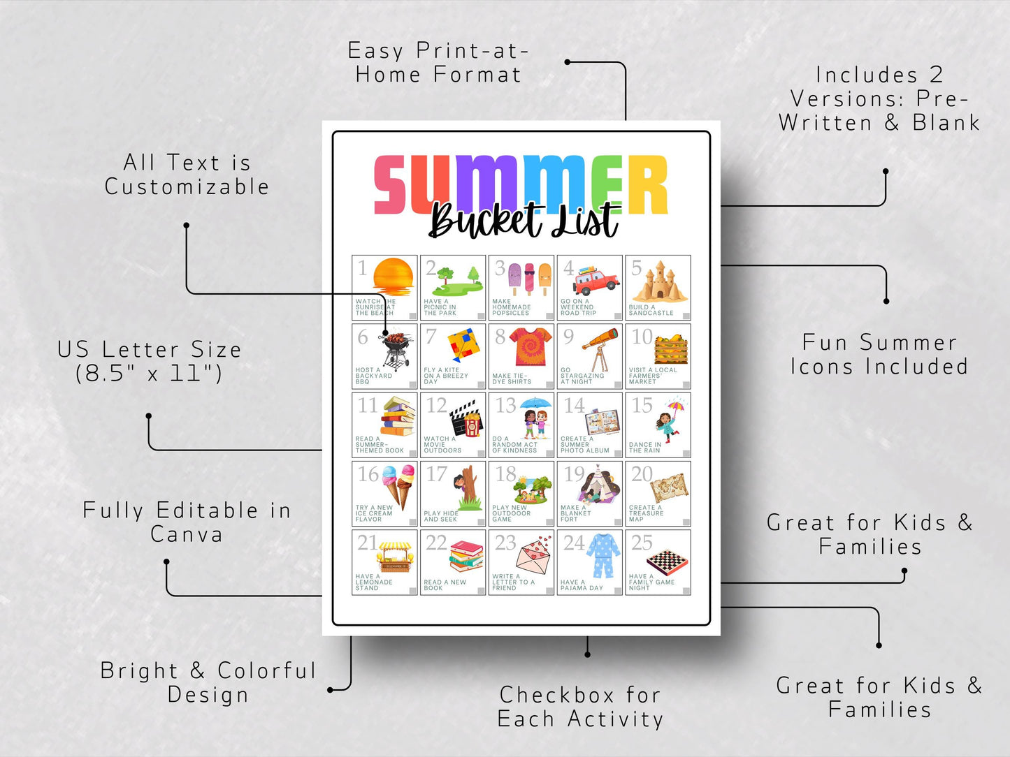 Summer Bucket List Printable: Fun Family Activities (Canva Template, US Letter Size)
