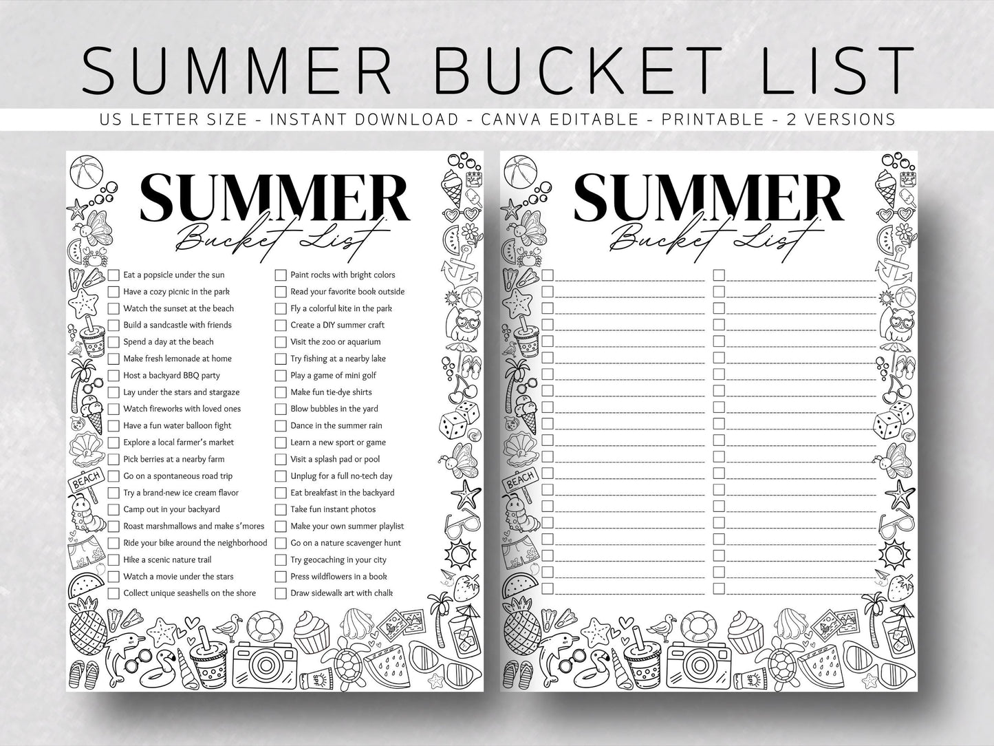 Summer Bucket List Printable: Fun Activities for Kids (Canva Template, US Letter Size)