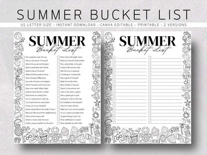 Summer Bucket List Printable: Fun Activities for Kids (Canva Template, US Letter Size)