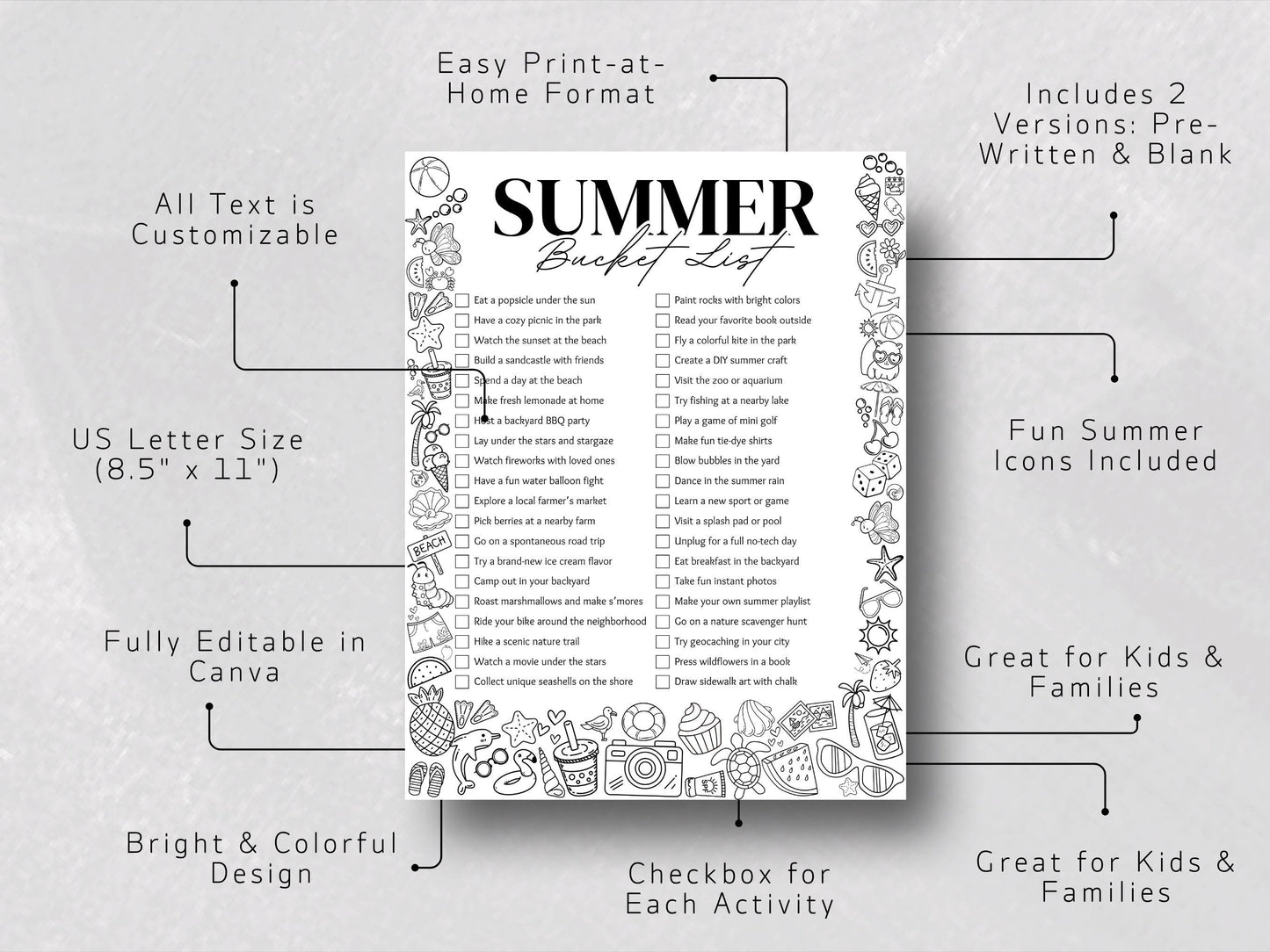 Summer Bucket List Printable: Fun Activities for Kids (Canva Template, US Letter Size)