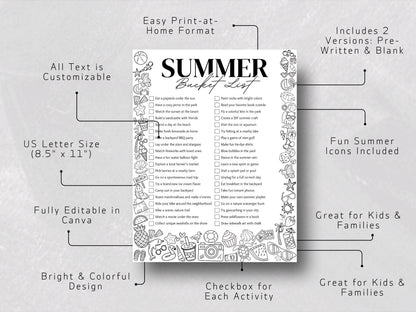 Summer Bucket List Printable: Fun Activities for Kids (Canva Template, US Letter Size)