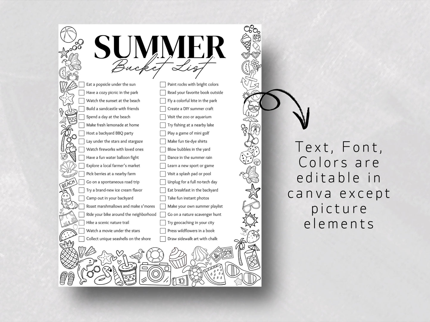 Summer Bucket List Printable: Fun Activities for Kids (Canva Template, US Letter Size)