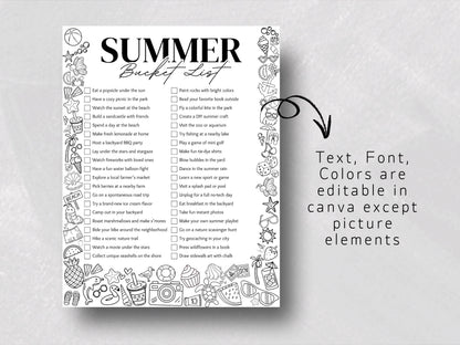 Summer Bucket List Printable: Fun Activities for Kids (Canva Template, US Letter Size)