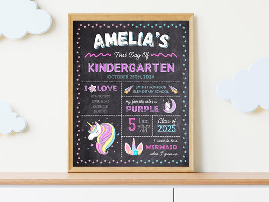 Unicorn First Day of School Sign, Editable Chalkboard Poster (Instant Download)