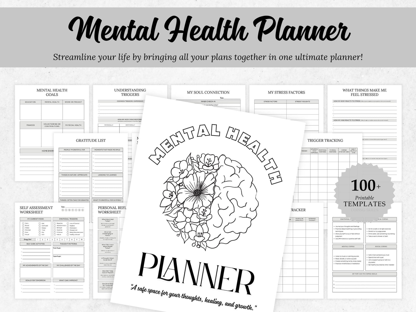 Mental Health Planner Bundle, Self-Care Workbook (Printable)