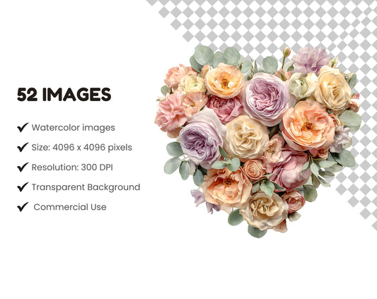 Floral Heart Clipart png Bundle, Watercolor Heart Clipart, Flower Heart Clipart, Floral Heart Wreath Clipart, Valentines Day Heart Clipart