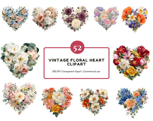 Floral Heart Clipart png Bundle, Watercolor Heart Clipart, Flower Heart Clipart, Floral Heart Wreath Clipart, Valentines Day Heart Clipart