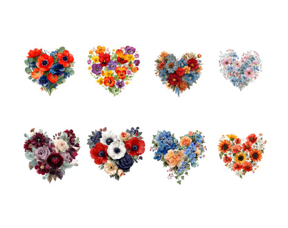 Blumenherz-Clipart-Bundle (PNG), Aquarell-Herz-Clipart, Blumenherz-Clipart, Blumenherz-Kranz-Clipart, Valentinstag-Herz-Clipart