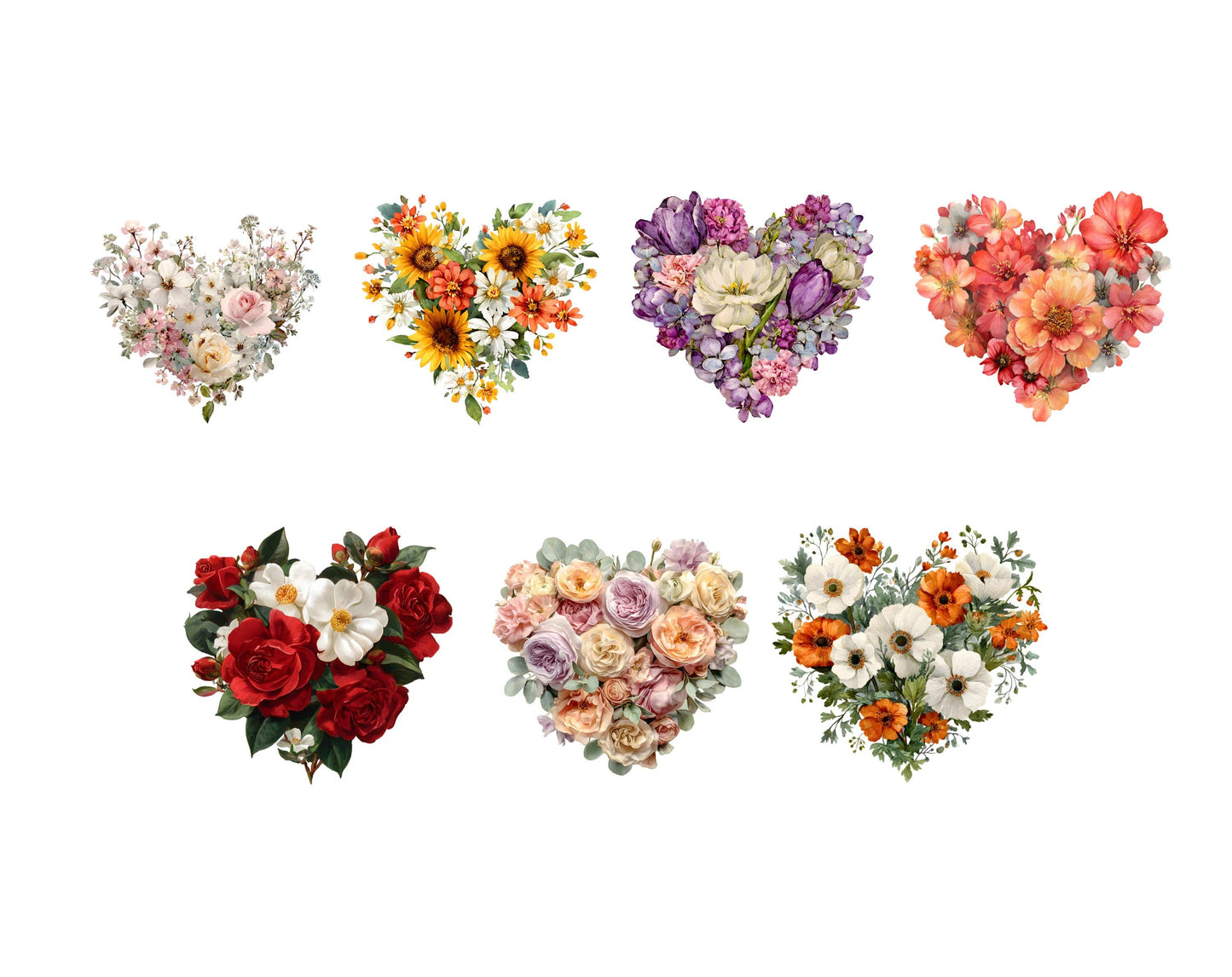 Blumenherz-Clipart-Bundle (PNG), Aquarell-Herz-Clipart, Blumenherz-Clipart, Blumenherz-Kranz-Clipart, Valentinstag-Herz-Clipart