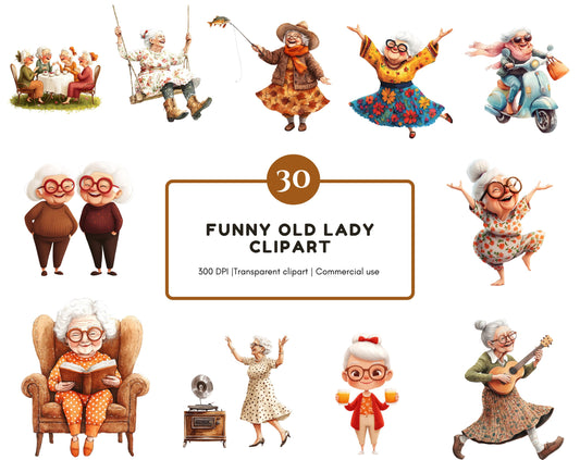 Funny Old Lady Clipart Bundle png, Watercolor Granny Clipart, Modern Granny Clipart, Funny Grandma Clipart, Funny Granny Clipart png
