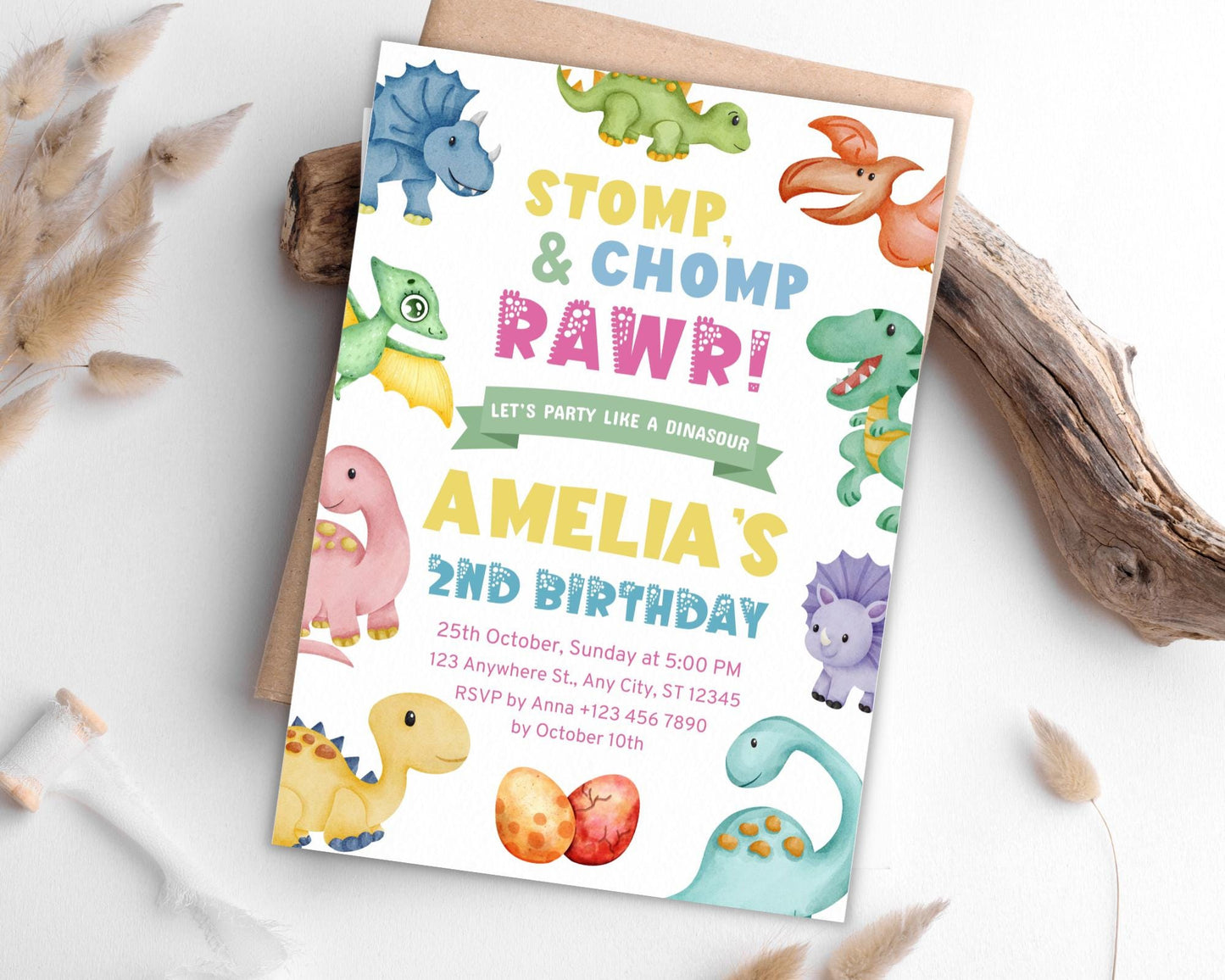 Einladung zum 2. Geburtstag mit Dinosauriern: Stampf-, Beiß- und Brüllparty (Digitaler Download)