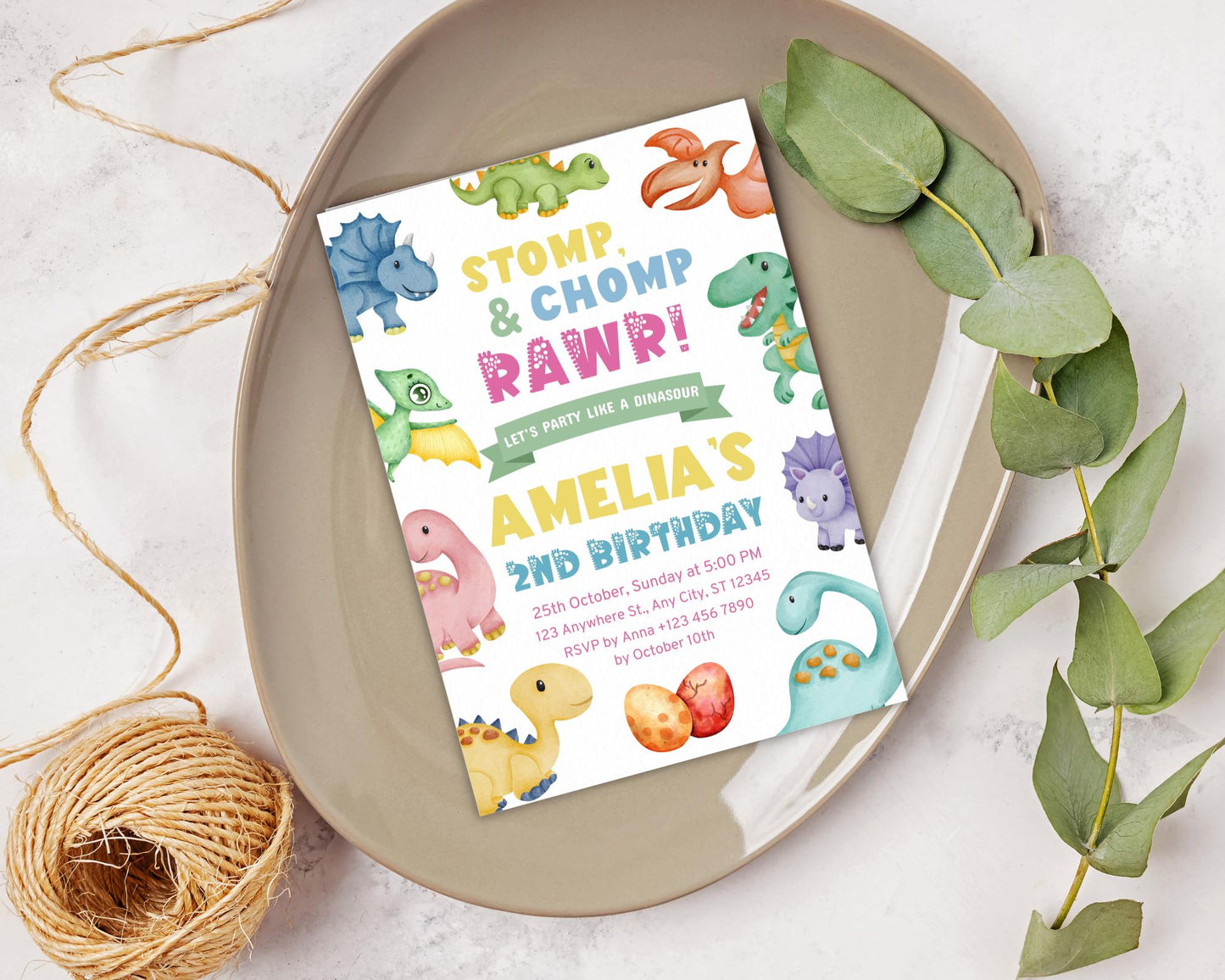 Einladung zum 2. Geburtstag mit Dinosauriern: Stampf-, Beiß- und Brüllparty (Digitaler Download)
