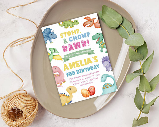Dinosaur 2nd Birthday Invitation: Stomp, Chomp & Roar Party (Digital Download)