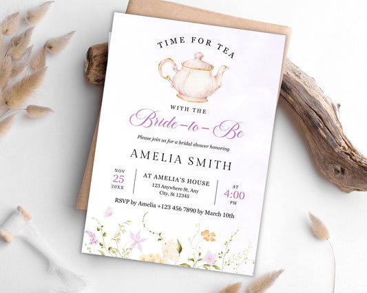 Tea Party Bridal Shower Invitation: Floral Teapot, Editable 5x7 (Canva Template, Digital Download)