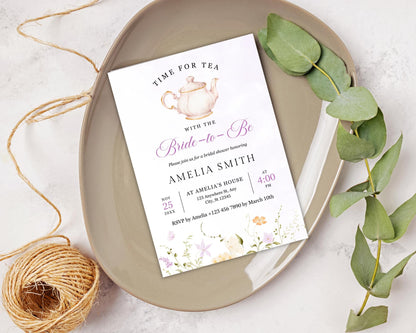 Tea Party Bridal Shower Invitation: Floral Teapot, Editable 5x7 (Canva Template, Digital Download)