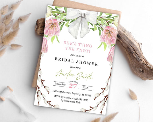 Floral Bow Bridal Shower Invitation: Pink & Green Editable Template (Digital Download)
