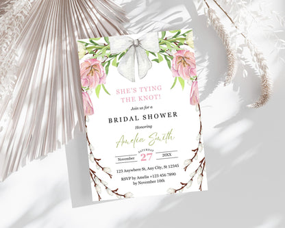 Floral Bow Bridal Shower Invitation: Pink & Green Editable Template (Digital Download)