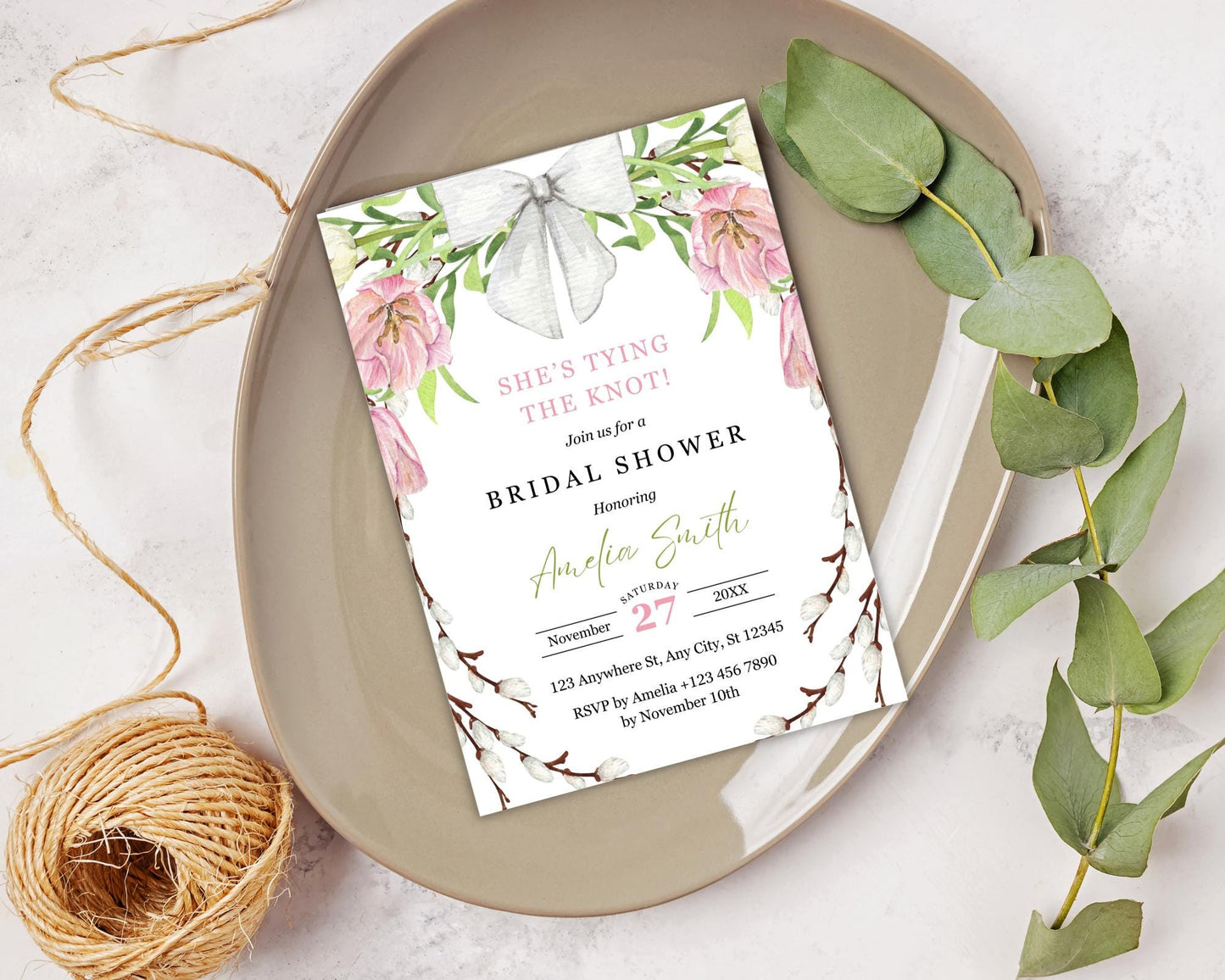 Floral Bow Bridal Shower Invitation: Pink & Green Editable Template (Digital Download)