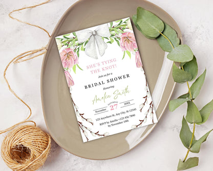 Floral Bow Bridal Shower Invitation: Pink & Green Editable Template (Digital Download)