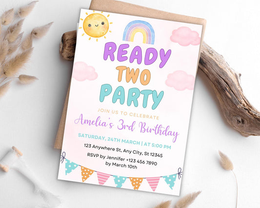Einladung zum 2. Geburtstag mit Regenbogenmotiv: Bearbeitbare Vorlage für eine Mädchenparty (Digitaler Download)